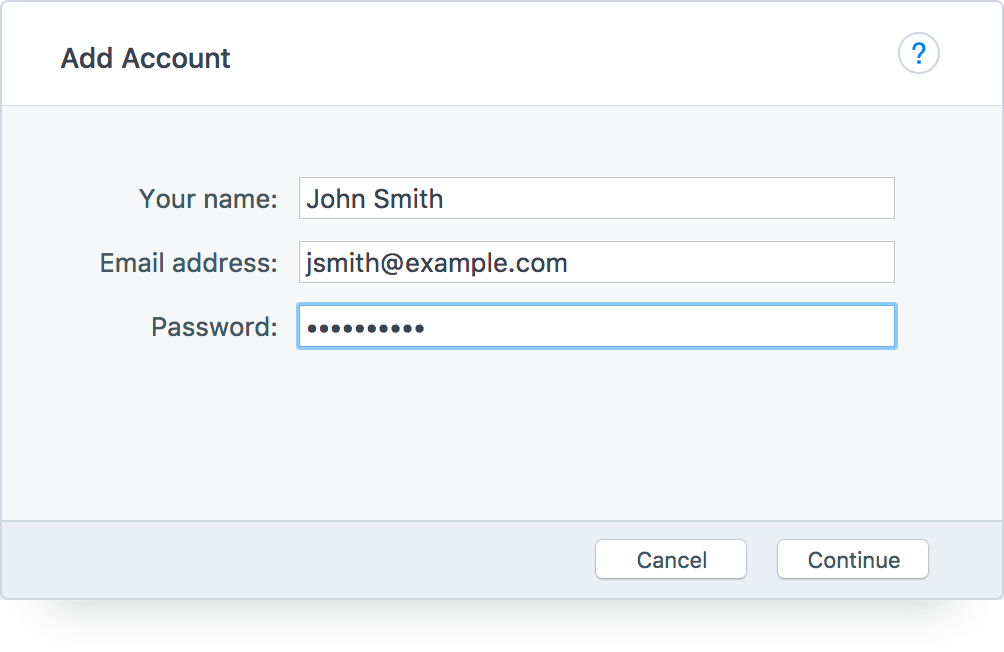 Postbox – Enter Account Credentials
